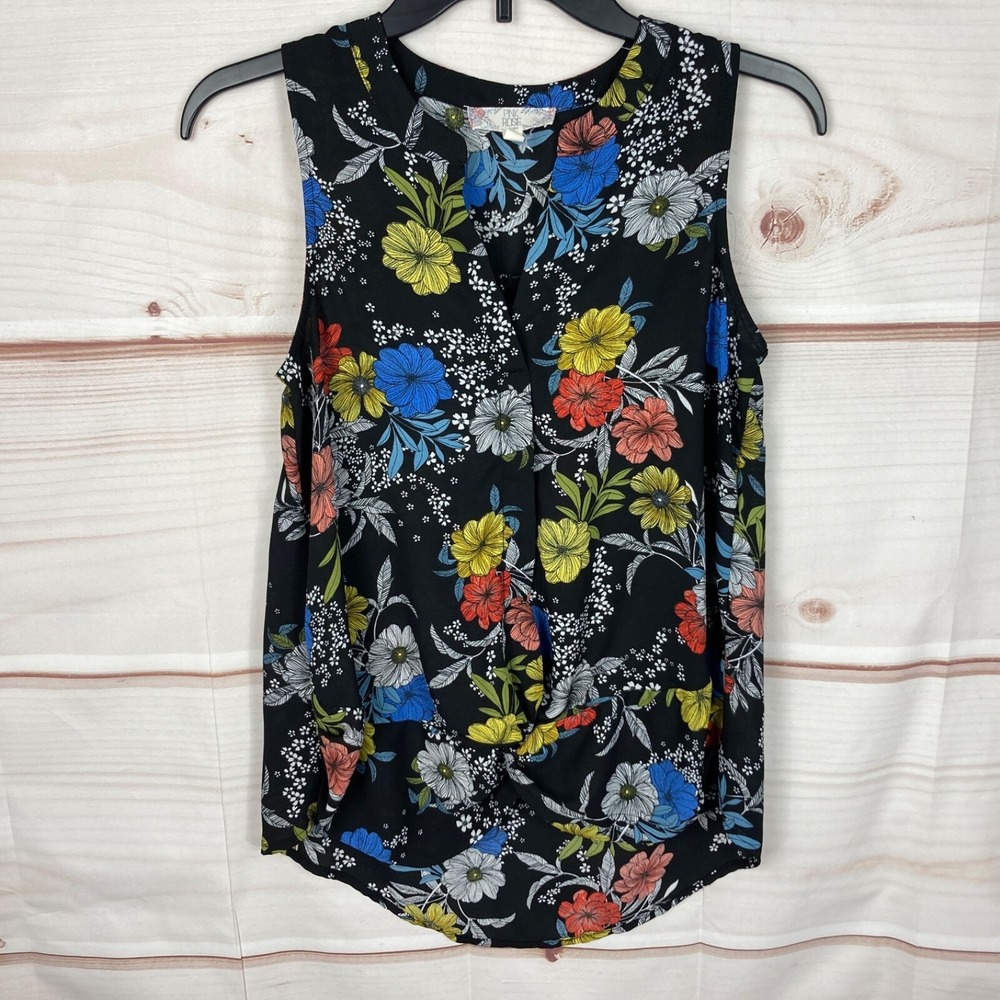 Pink Rose Top Women S Black Floral Blouse Sleeveless V-Neck Twist Front Pullover
